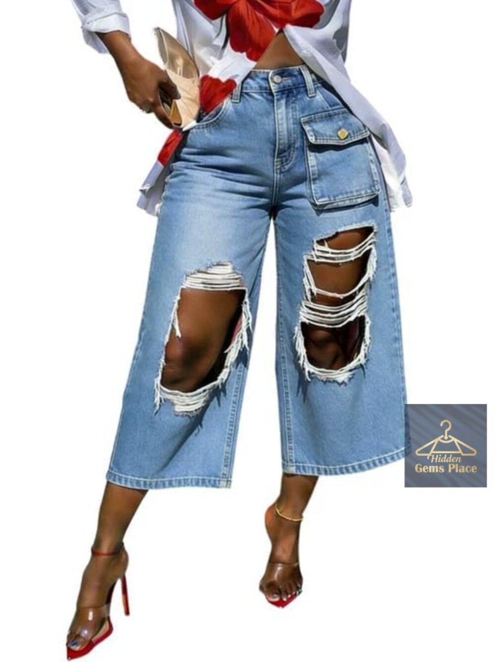 High Waisted Baggy Ripped Cargo Capris Jeans Wide Leg Distressed Denim Y2K